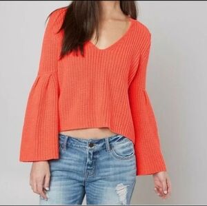 Free People Damsel Coral V-Neck Bell-Sleeve Sweater